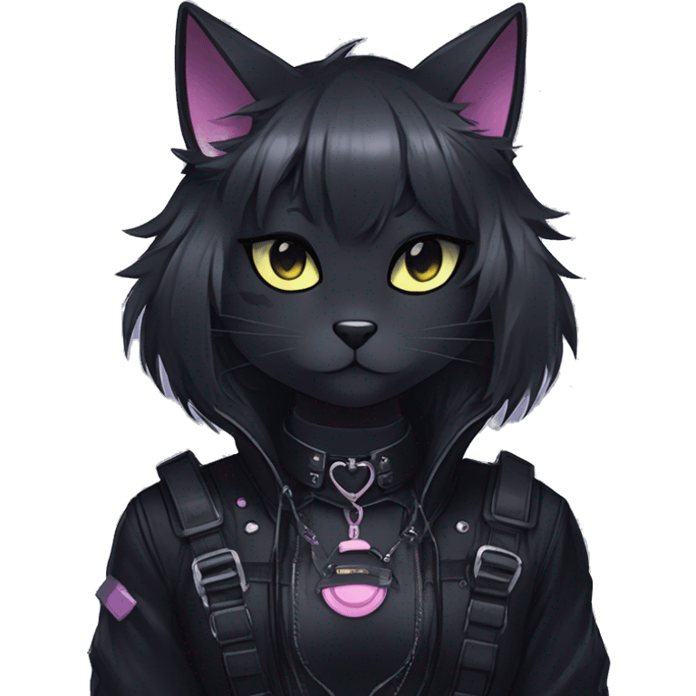 Gorgeous furry gothic dark techwear anime style anthro black cat furry sona Fakemon with blushing face aesthetic and pretty edgy black with collar and harness trending style emoji