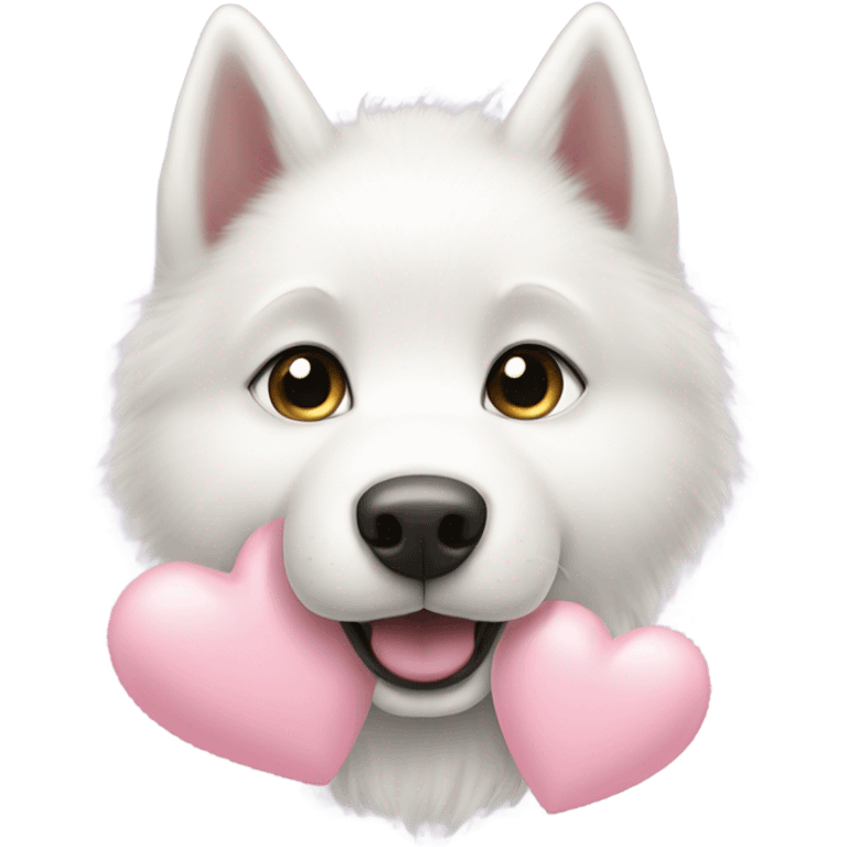 White husky puppy with large light pink heart emoji