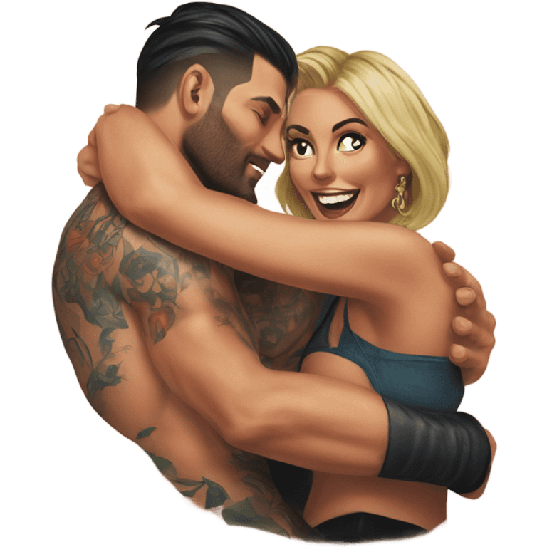 beautiful woman climbing a handsome tattooed man's back emoji