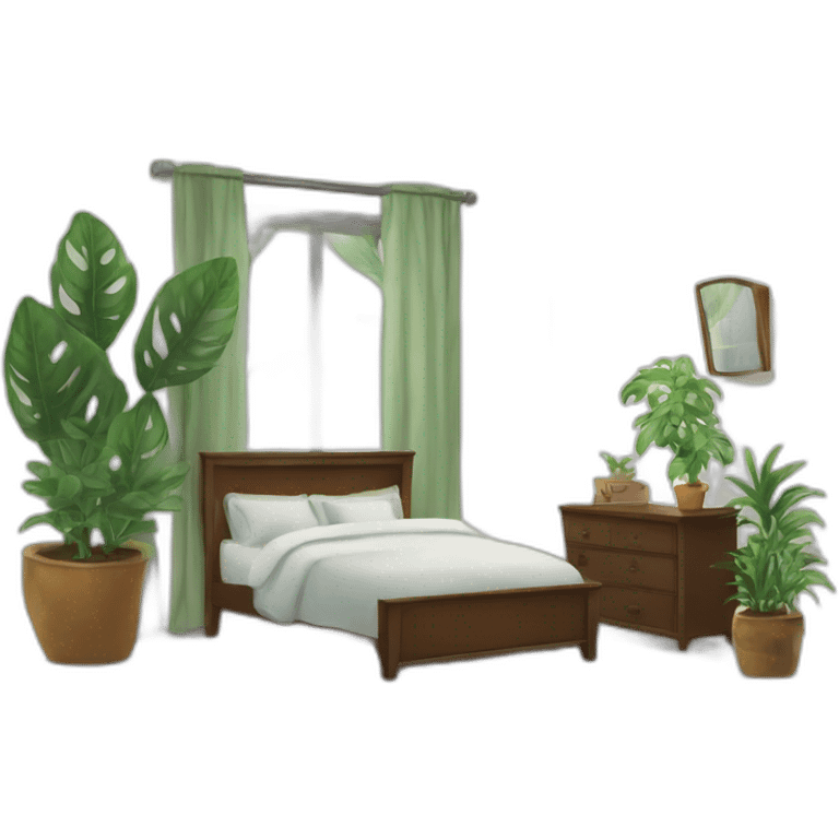 a men bedroom with an mirror and a plant emoji