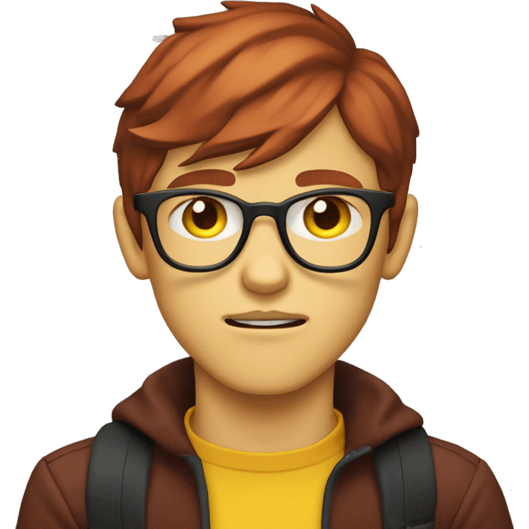 Twink skinny nerdy young man with red hair with neck-length hair brown eyes and Rectangular glasses, black turtleneck and yellow shirt, disapproval emotion, Resentment emoji