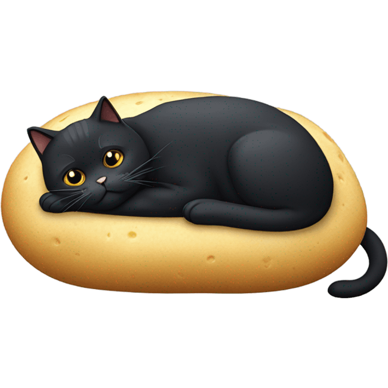 A fat black cat laying down looking like a potato￼ emoji