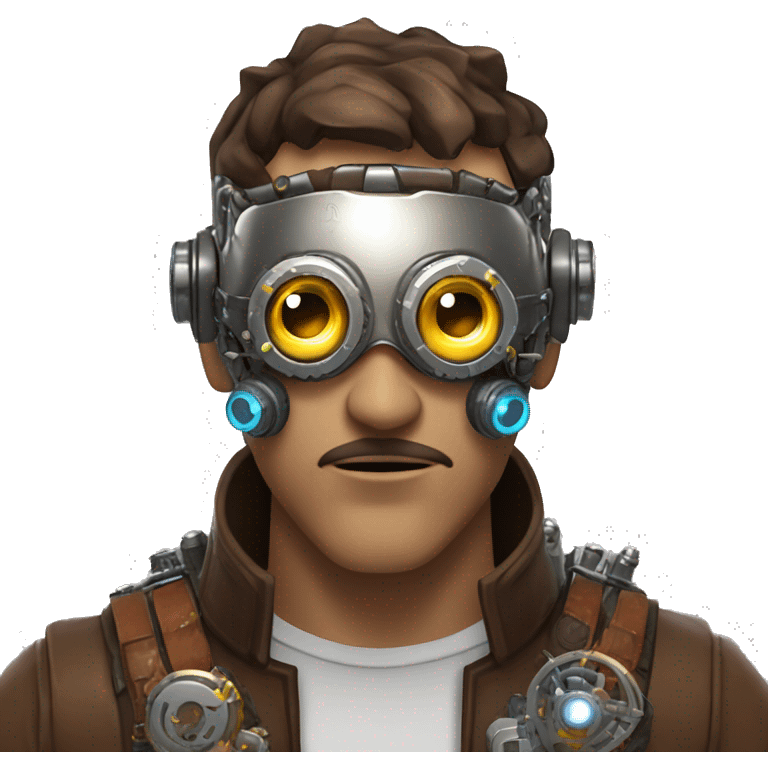 Brown short hair male cyborg head with silver steampunk goggles, brown beard and circuits emoji