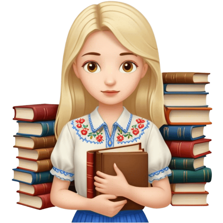 A Ukrainian girl in an embroidered shirt holds many books emoji