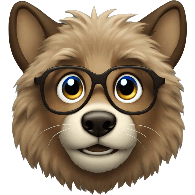 portrait of a big brown furry wolf boy with blue eyes and round glasses emoji