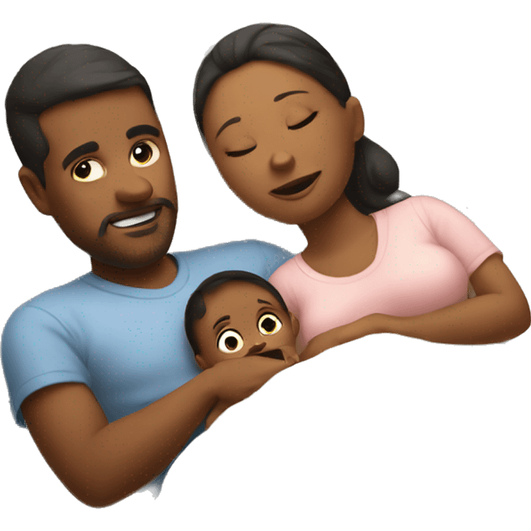 baby lying in bed with mom and dad emoji