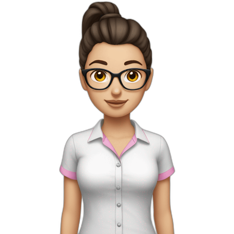 white girl with dark brown hair with ponytails in a white shirt with pink on her face and wearing glasses emoji