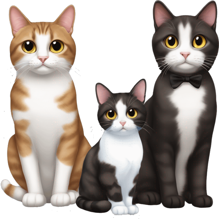 dark brown tabby cat sitting next to tuxedo cat and calico cat emoji