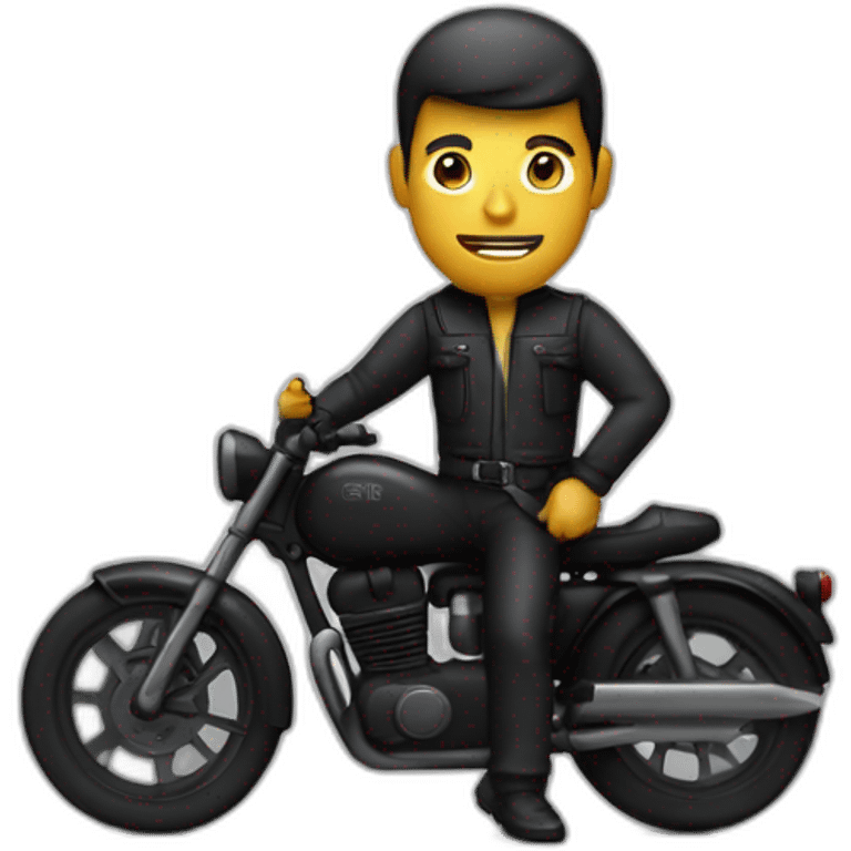 Homme habillé en noir avec un pistolet à la main sur une moto noir  emoji