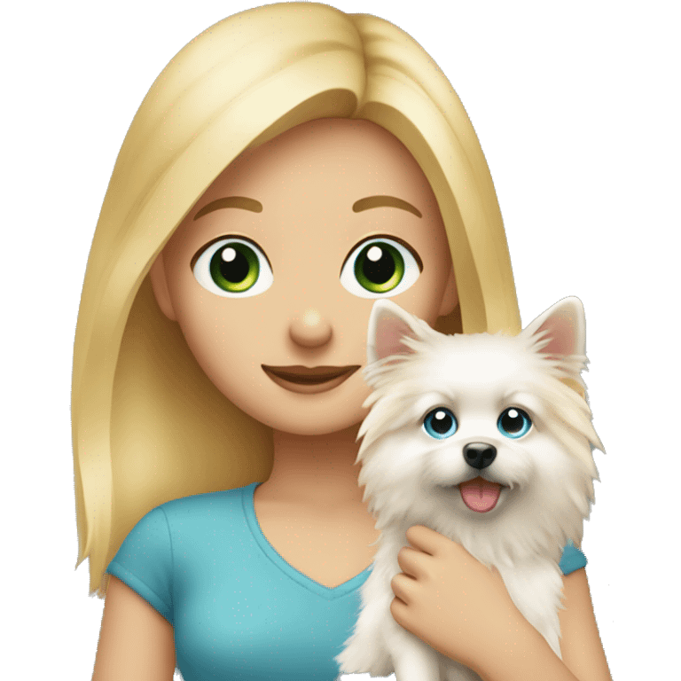 Blonde girl blue eyes holding spitz  emoji