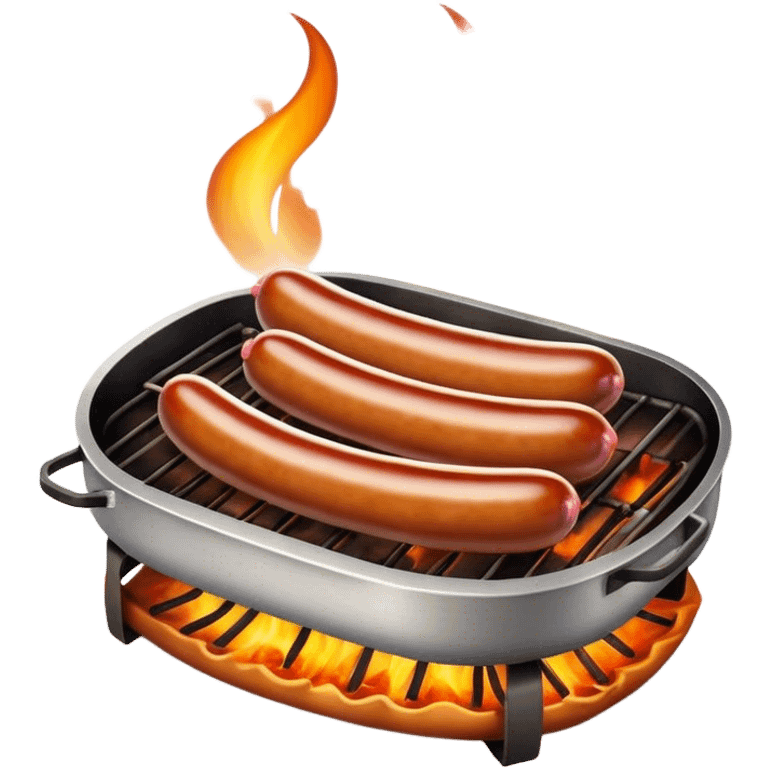 Cinematic Realistic Sausage Sizzle Dish Emoji, featuring sizzling sausages cooking over an open flame rendered with dynamic textures and warm, smoky lighting. emoji