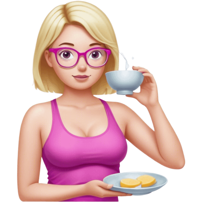 Curvy fair skinned woman, freckled skin, short blond hair, small light purple reading glasses, washing dishes, short flowing sheer hot pink tank top, without undergarments SFW, black yoga pants, thick booty emoji