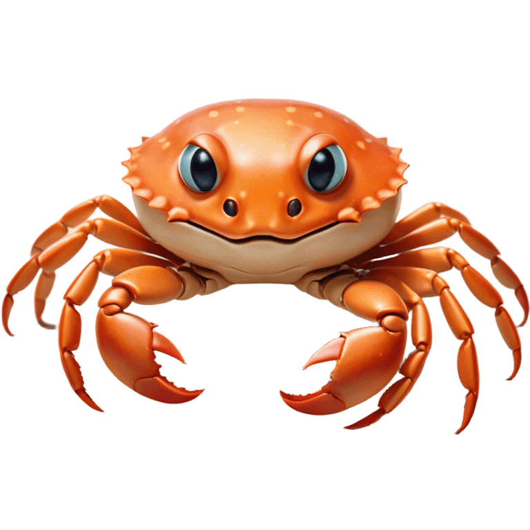 Cinematic Cute Baby Crab Portrait Emoji, Head tilted playfully and inquisitively, featuring an adorably small form with a delicately patterned carapace, round, sparkling eyes, and tiny, endearing pincers, Simplified yet irresistibly adorable features, highly detailed, glowing with a warm, friendly coastal glow, high shine, affectionate and lively, stylized with a touch of seaside whimsy, soft glowing outline, capturing the essence of a mischievous yet loving baby crab that seems as if it could pinch its way out of the screen into your arms! emoji