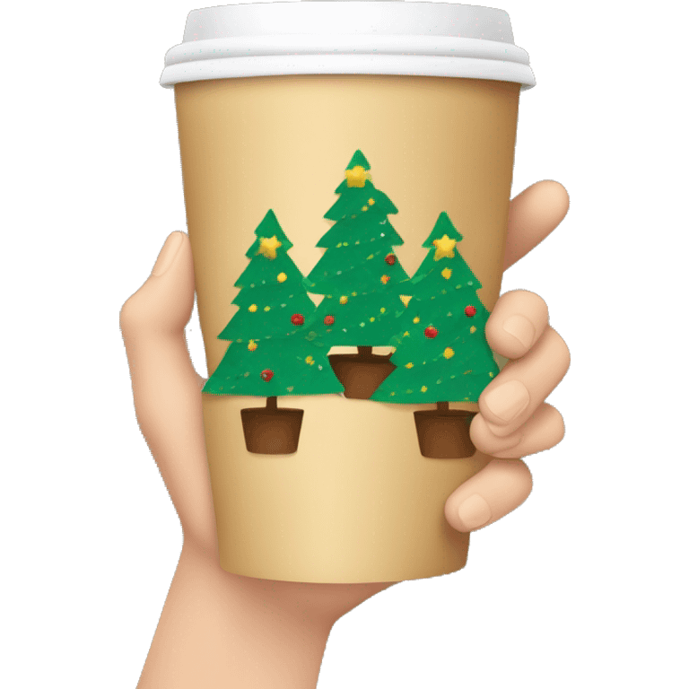 two hands holding paper coffee cups on of a Christmas tree emoji