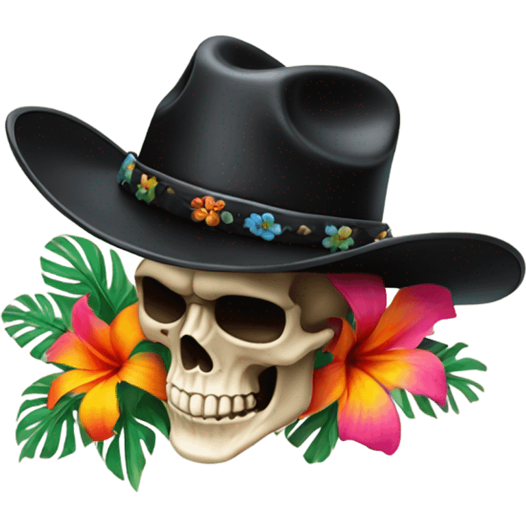 Realistic side view of a skull in a black cowboy hat on decorated with tropical flowers. emoji