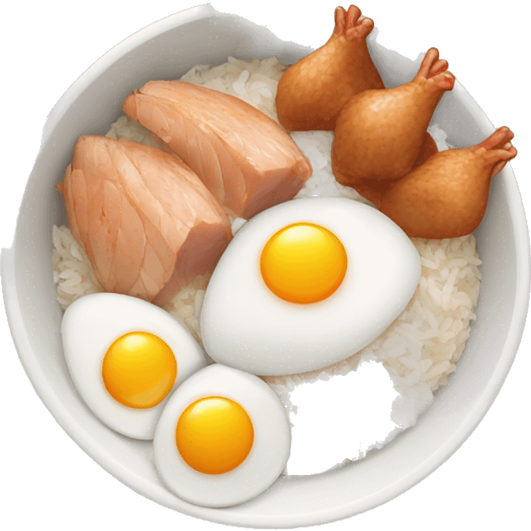 a bowl of rice with two eggs and two whole chicken emoji