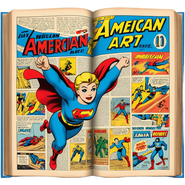 Create a vibrant emoji representing comic books and graphic novels. The design should feature a large, open comic book or vintage comic magazine with pages displaying classic American comic art, with text in Russian. The comic pages should have bold, dynamic panels and action scenes. Include a pencil writing on the pages, but without a hand, to symbolize the artistic creation of comics. Use bright colors like red, blue, and yellow, with a retro feel to the design. Make the background transparent. emoji