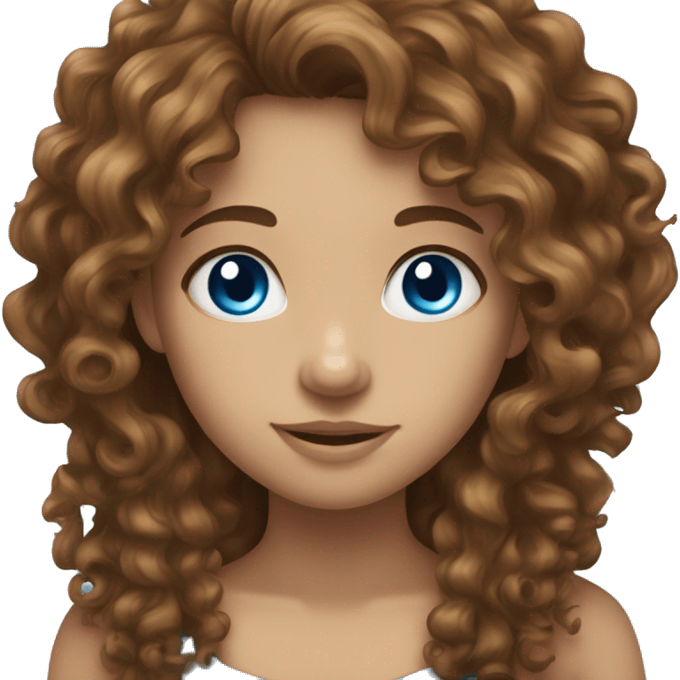 a girl with brown long curly hair, blue eyes and a big  emoji