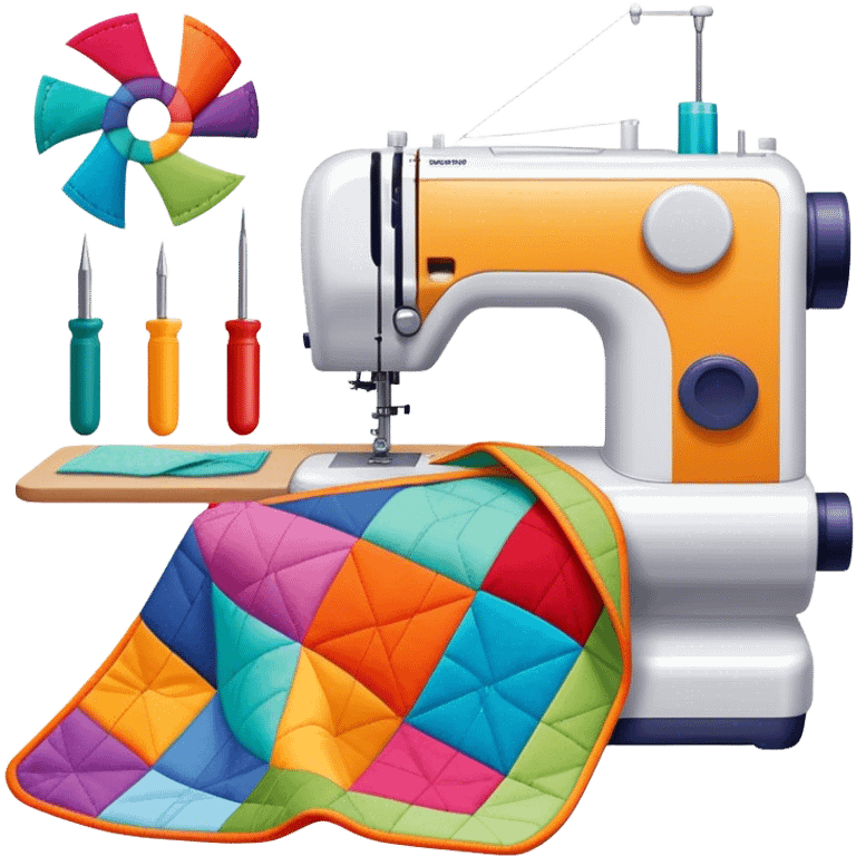 Patchwork and quilting icon, colorful fabric patches sewn together in a quilt pattern, sewing needle and thread, quilting tools like rotary cutter and quilting hoop, minimalistic style, clean lines, transparent background. emoji