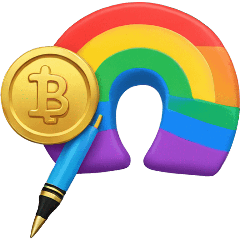 Rainbow coin with a pen emoji