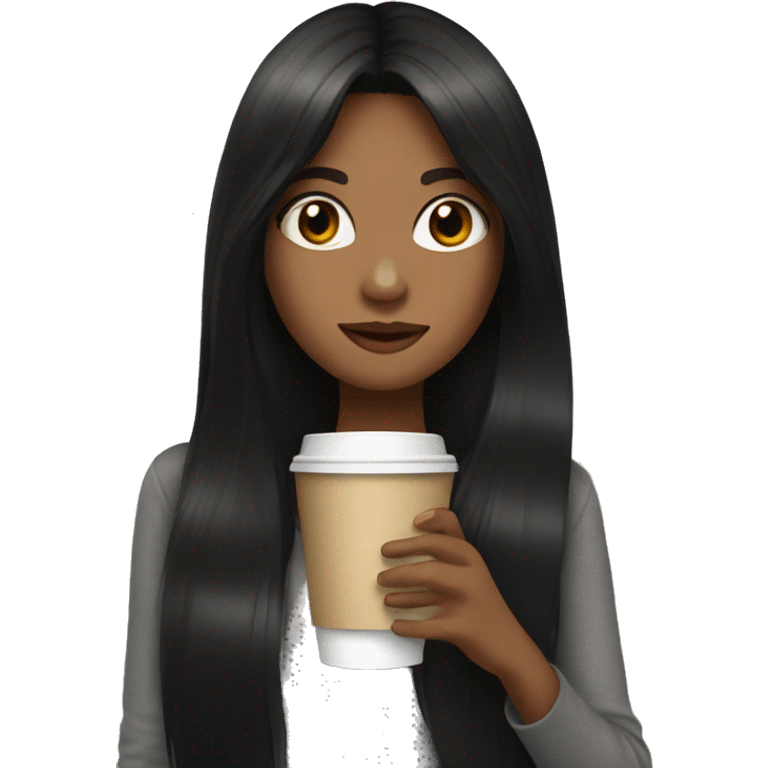 a girl with long black hair drinks coffee emoji