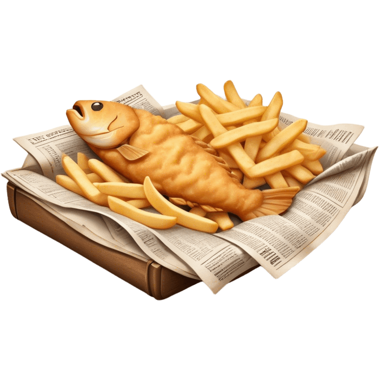 Fish and Chips Cinematic Realistic Fish and Chips Dish Emoji, depicted as a crispy battered fish fillet and golden chips served in traditional newspaper wrapping, rendered with lifelike textures and warm natural lighting that captures its iconic British street food charm  . emoji