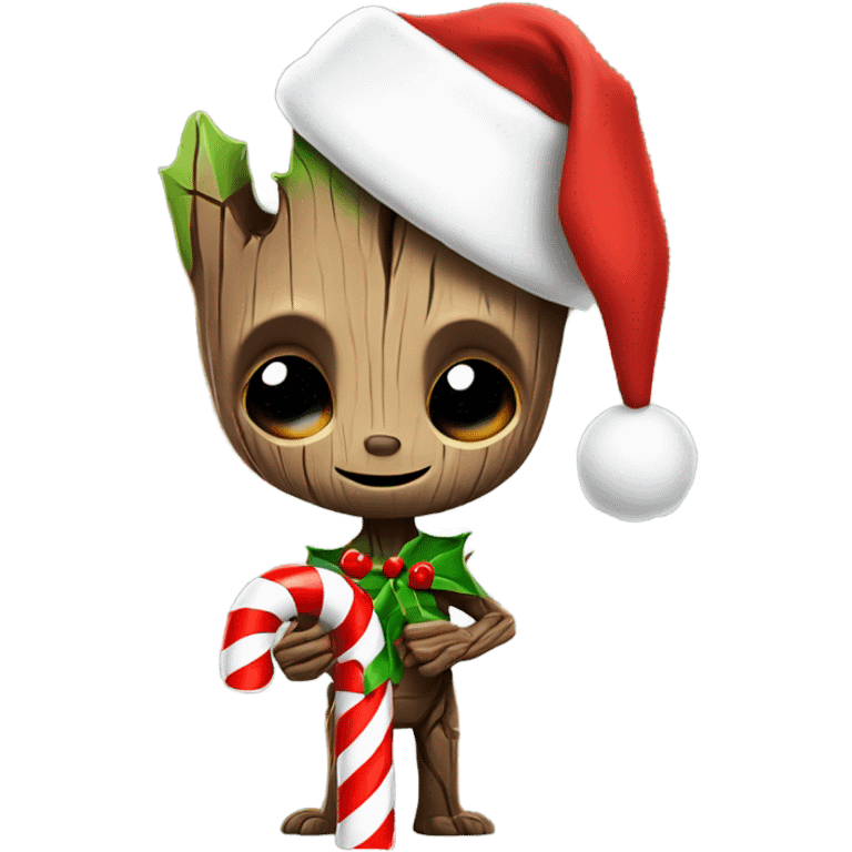 groot wearing santa hat and holding a candy cane emoji