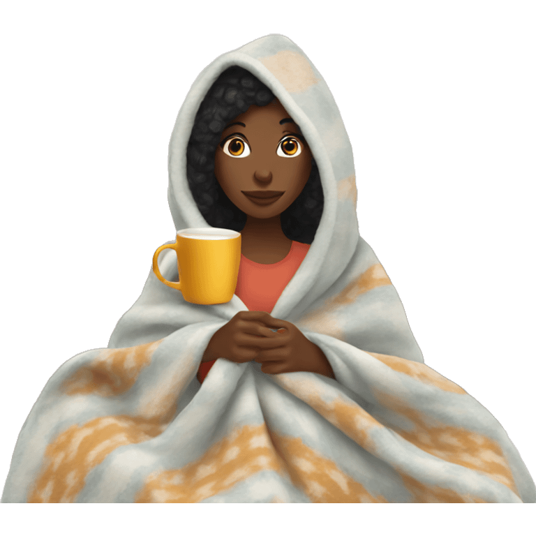 Black woman wearing cozy blanket drinking tea  emoji