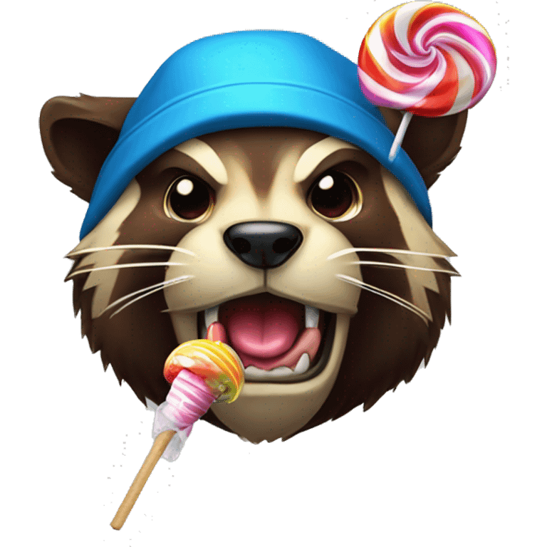 Wolverine animal licking a lolipop with a multicolored propeller hat emoji