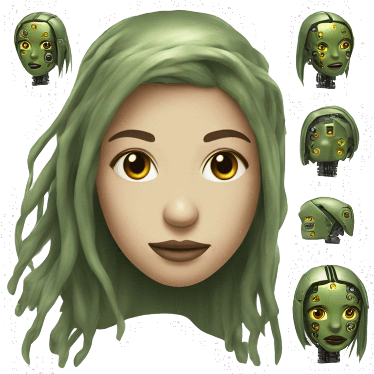 Olive green long hair female cyborg head with circuits emoji