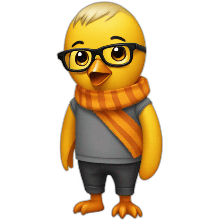 Club-Pengun-yellow penguin with black glasses dirtyblonde hair with orange tshirt and gray striped scarf emoji