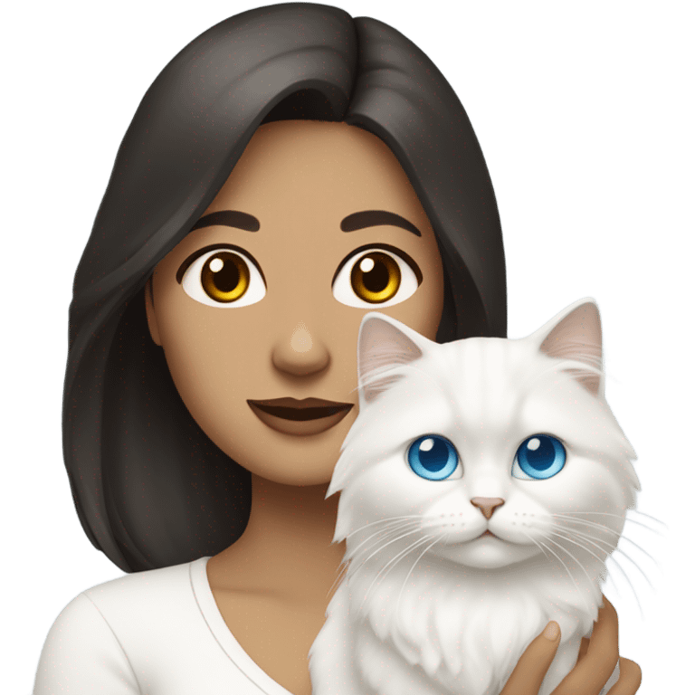 woman with dark hair and holding a all white Siberian cat with blue eyes emoji