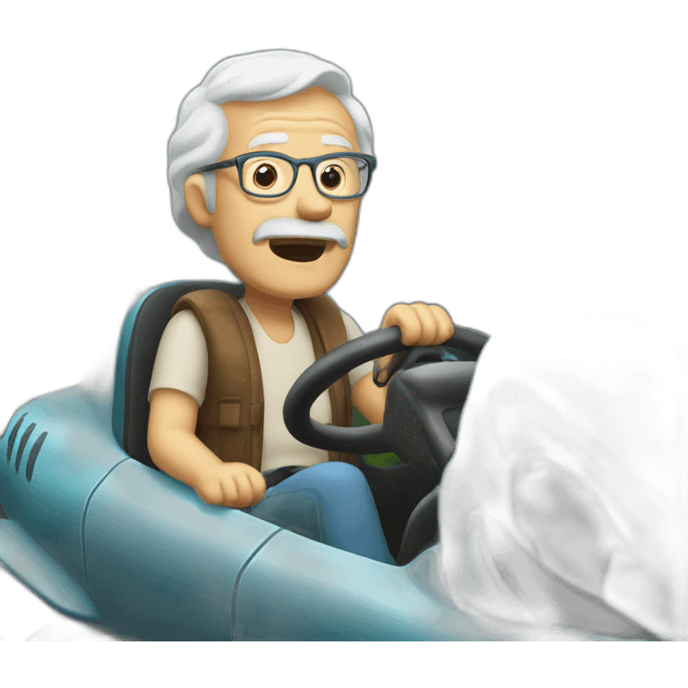 Old man driving shark in forest emoji