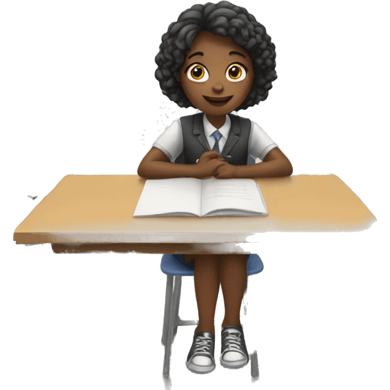 girl is sitting at school desk, one hand is raised emoji