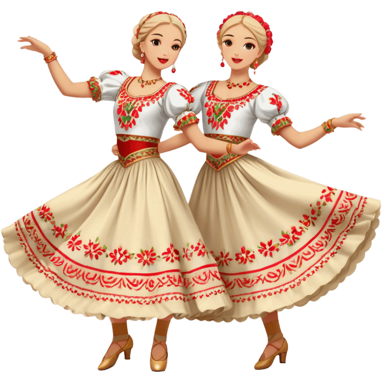 Cinematic Realistic scene of two dancers performing the Mazurka, dressed in vibrant traditional Polish costumes with intricate embroidery and flowing skirts, captured in graceful motion with warm, festive lighting emoji