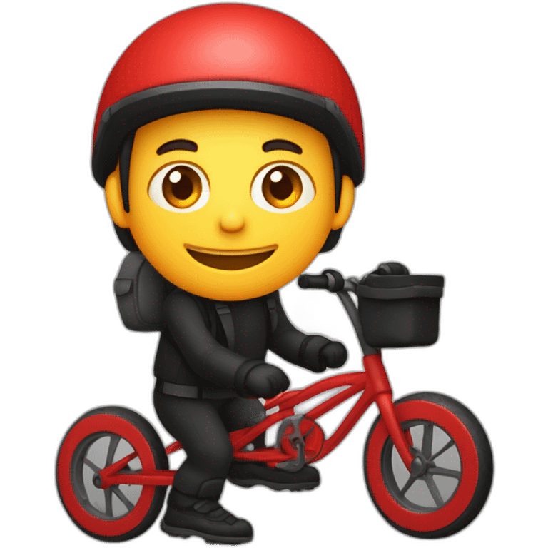 Jeune homme en tenue rouge sur un vélo noir vélo avec un sac tout rouge cubique, carré emoji