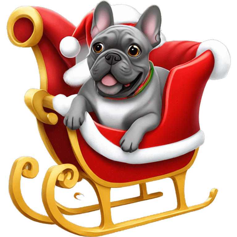 Grey French bulldog sitting in Santa’s sleigh emoji