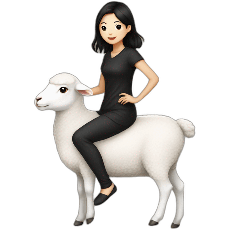 Asian girl with shirt black hair, black dress, riding on a lamb emoji