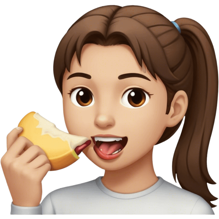 a person with brown hair in a pony-tail , biting someone emoji