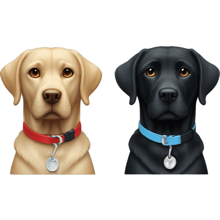 black-coloured labrador on the left with red collar, black-coloured labrador on the right with light blue collar. emoji