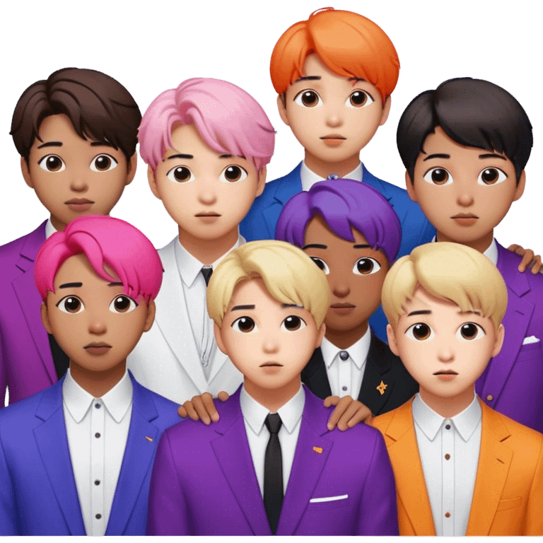 Cinematic Realistic group portrait of BTS featuring all 7 members in stylish modern attire, with detailed facial expressions and vibrant colors, captured in dynamic, contemporary lighting that emphasizes their global pop icon status emoji