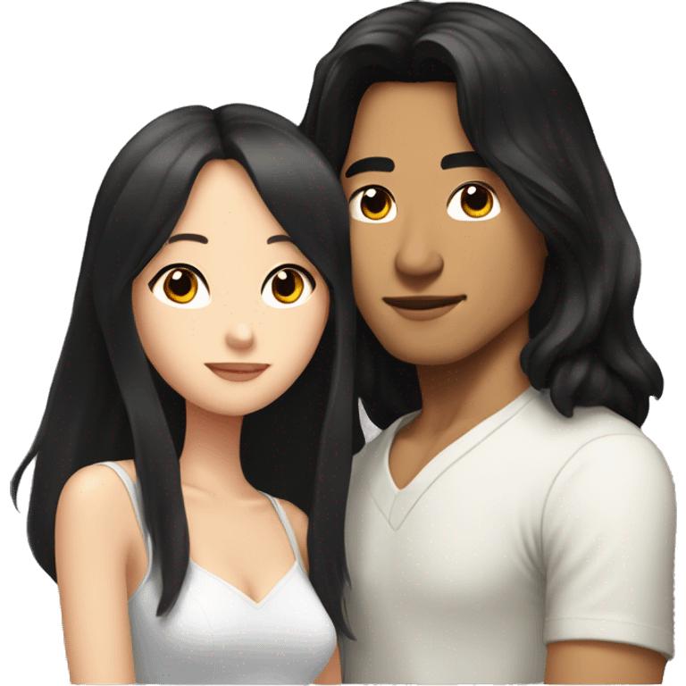 Asian man with long black hair kissing white girl with brunette shoulder length hair  emoji