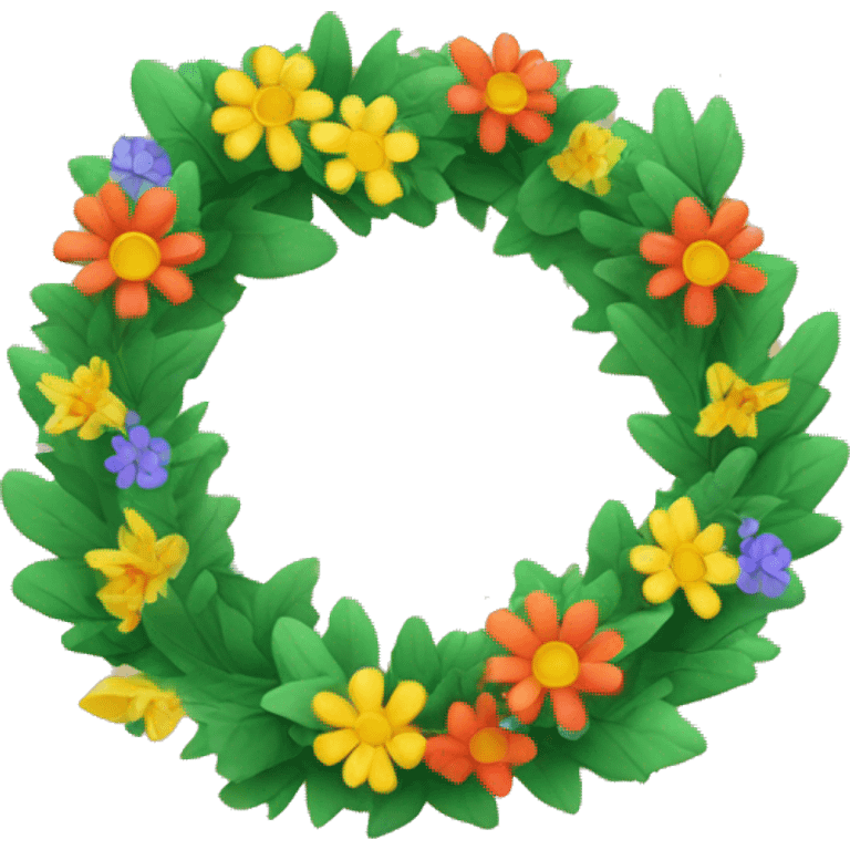 Create an image wreath of colourful flowers and green oak leaves in style of iOS emoji emoji