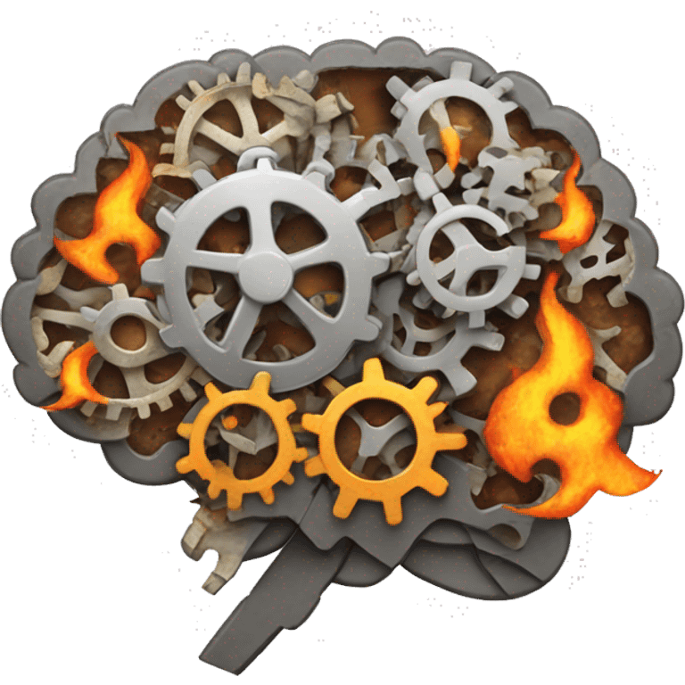 A brain made out of gears with flames licking out from between the gears emoji