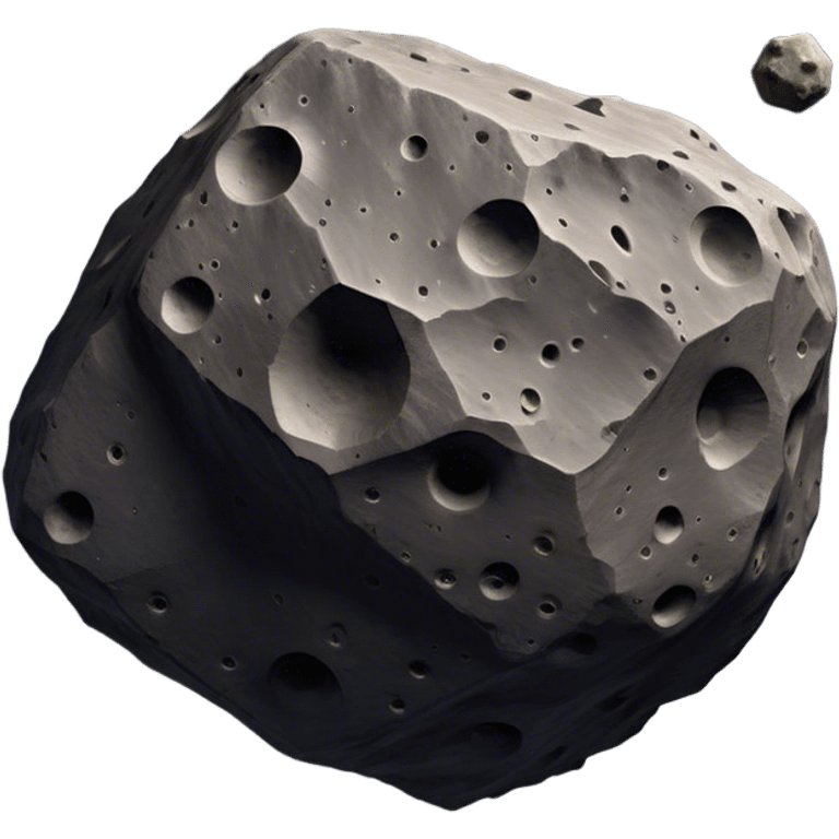  Cinematic Realistic Asteroid – A massive, irregularly shaped rock floating through the void, its cratered and pitted surface showing signs of ancient impacts. The harsh light from a nearby star reveals detailed textures and rugged, jagged edges. emoji