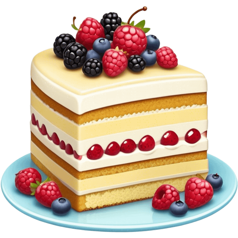 Cinematic luxurious slice of cake, delicate layers of moist sponge and rich frosting, beautifully decorated with fresh berries and a glossy glaze, soft glowing light, elegant and indulgent. emoji