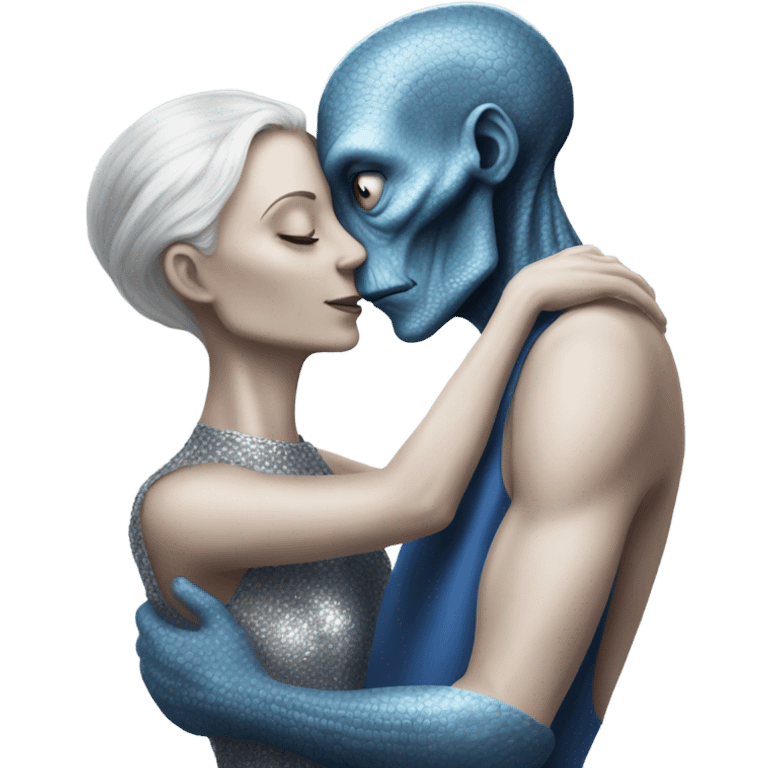 White man in blue dress  hugs and kissing Alien reptilian woman in silver dress  emoji