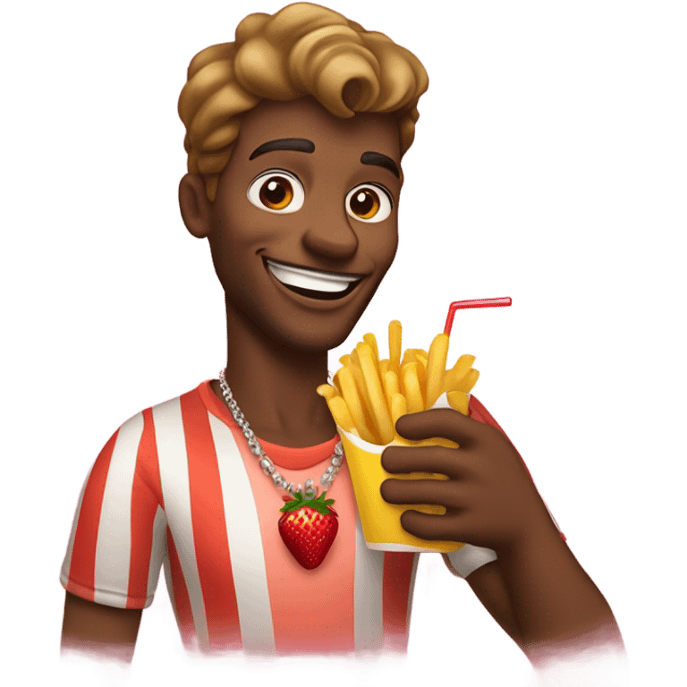 smiling man with jewelry outdoors eating french fries with a strawberry lemonade in his hand emoji