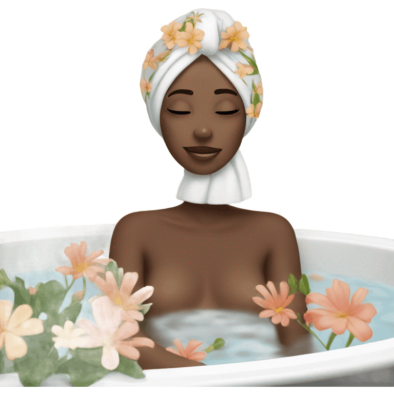 girl with towel on head relaxing in bath with flowers emoji