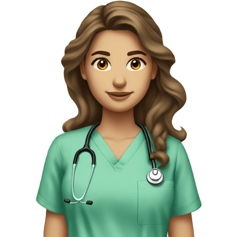 Water colour style image of a full view girl. She has long brown wavy hair, she is tanned with brown eyes and thick eyebrows. The girl is wearing light green scrubs and holding a stethoscope  emoji